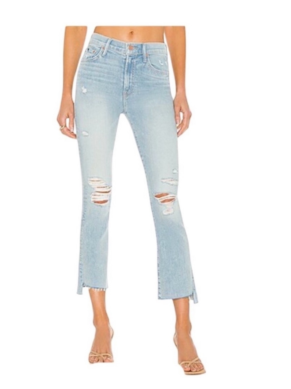 MOTHER Light Blue High-Rise Distressed Cropped Jeans
